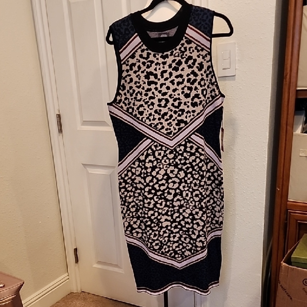 NWT Vince Camuto Black and Blue Leopard-Print Sleeveless Midi Dress XL